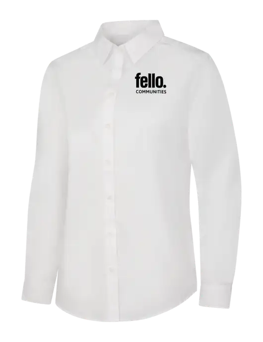 Womens White Long Sleeve Carefree Poplin Shirt w/Fello Communities Logo