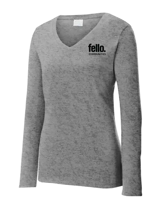 Womens  V-Neck Ring Spun Grey Heather 4.5 oz Long Sleeve T-Shirt w/Fello Communities Logo