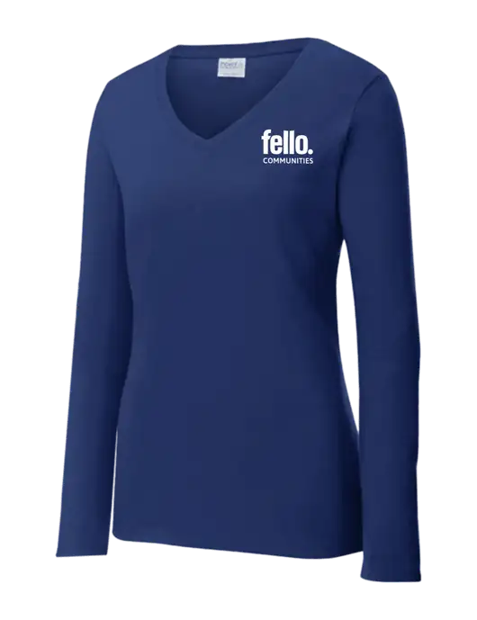 Womens  V-Neck Ring Spun Navy 4.5 oz Long Sleeve T-Shirt w/Fello Communities Logo