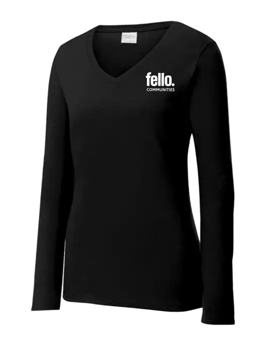 Womens V-Neck Ring Spun Jet Black 4.5 oz Long Sleeve T-Shirt w/Fello Communities Logo