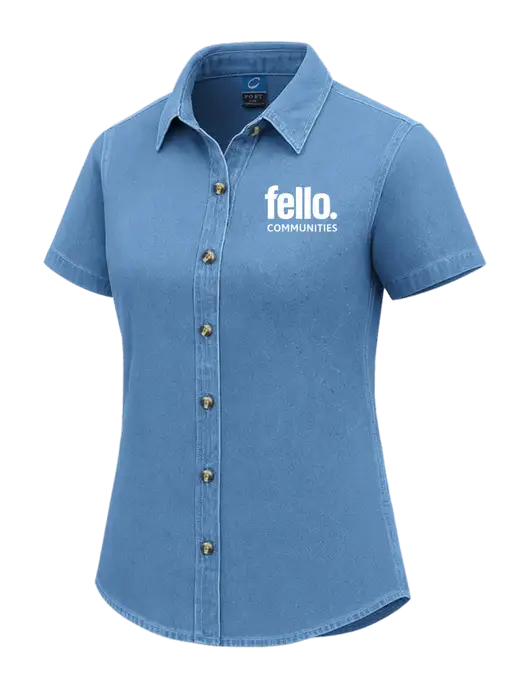 Womens Short Sleeve Light Blue Denim Shirt w/Fello Communities Logo