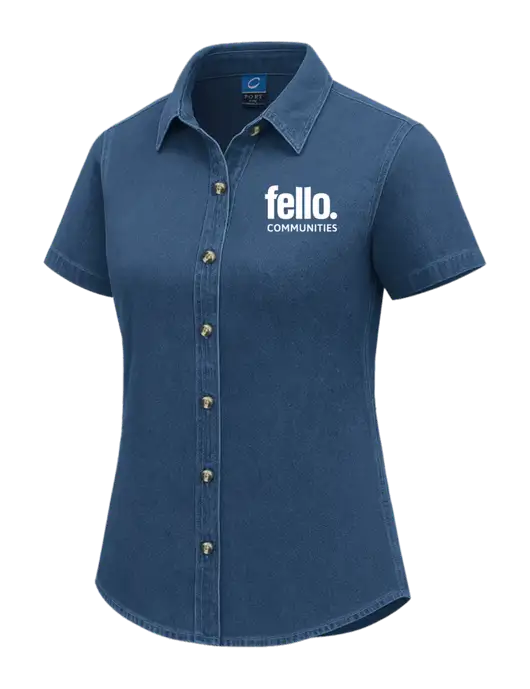 Womens Short Sleeve Light Navy Denim Shirt w/Fello Communities Logo