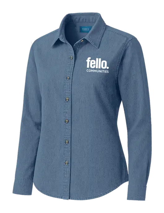 Womens Long Sleeve Light Blue Denim Shirt
 w/Fello Communities Logo