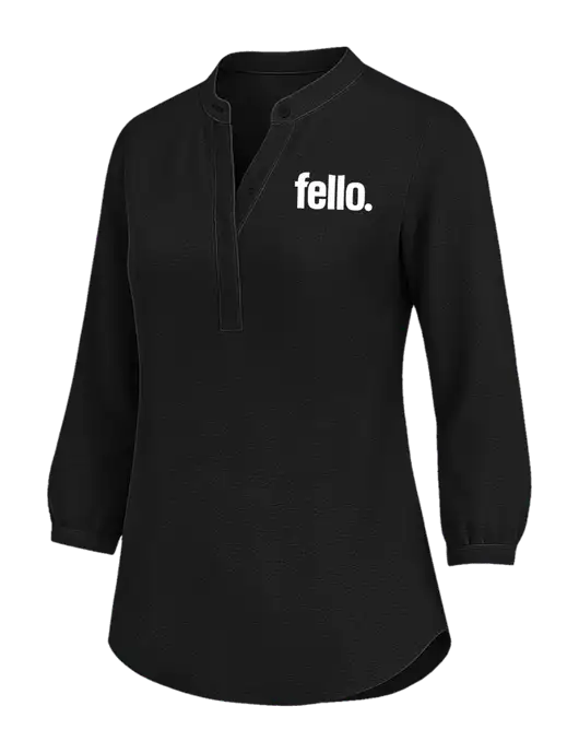 Womens Three Quarter-Sleeve Textured Black Crepe Tunic w/Fello. Logo