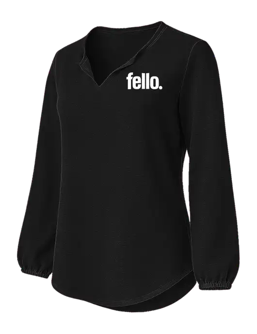 Womens Textured Black Crepe Blouse w/Fello. Logo