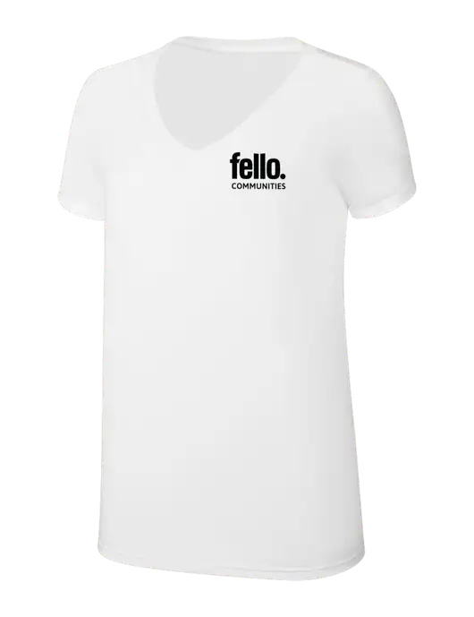 Womens Simply Soft V-Neck White 4.5oz  Poly/Combed Ring Spun Cotton T-Shirt w/Fello Communities Logo