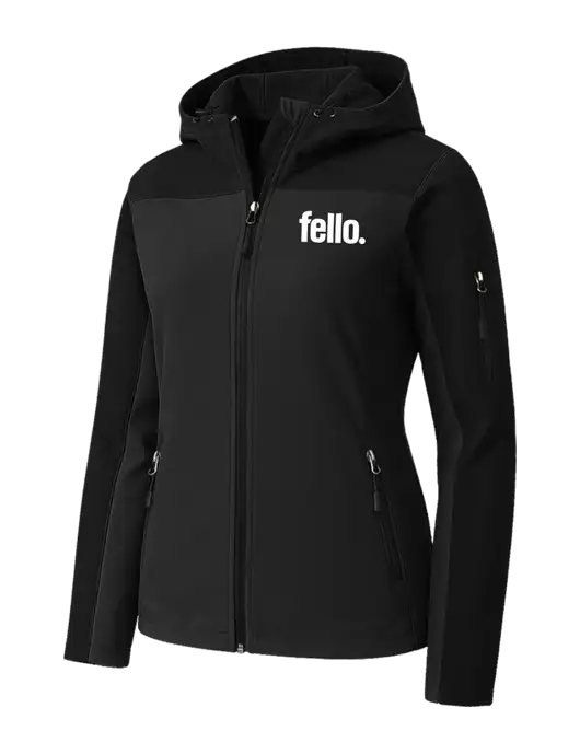 Womens Hooded Core Black Soft Shell Jacket w/Fello. Logo